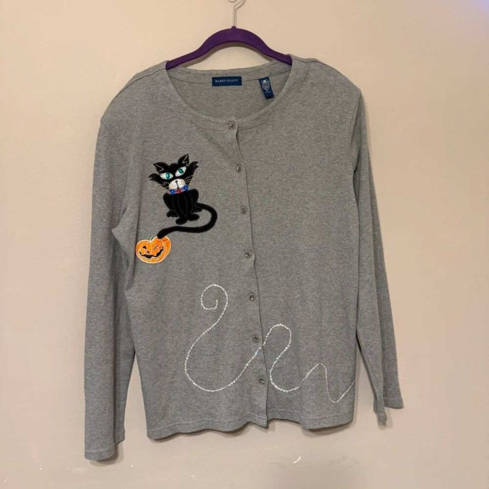 Karen Scott Halloween Cardigan Sweater Large Grey Black Cat Pumpkin Witch Hat